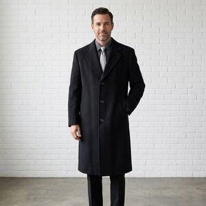 James Fashion International Overcoat Mens L Black Long Coat Wool Blend Formal